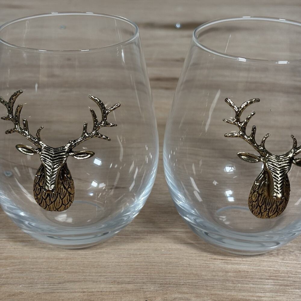 Brass Deer Embellished Stemless Wine Glasses 3D Buck~Set of 4 - Picture 5 of 7